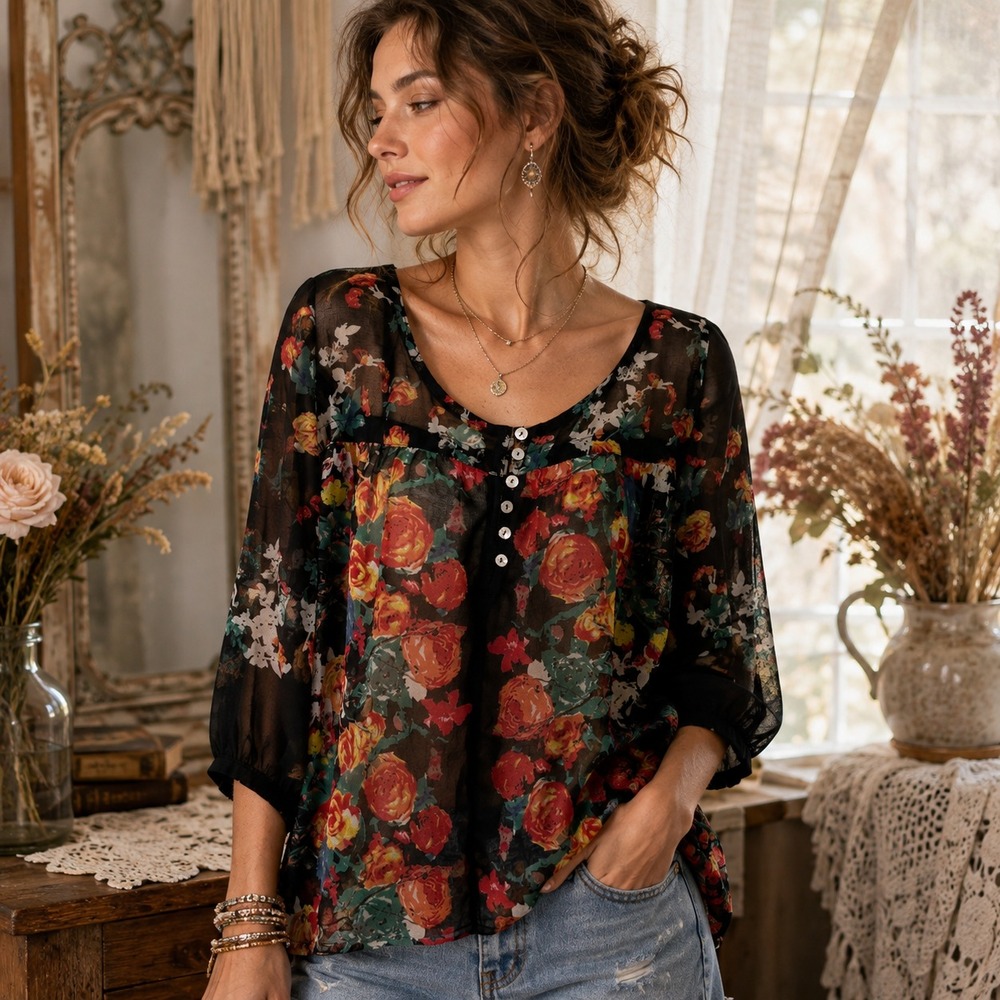 Sheer Floral Peasant Top Size S/M Black Boho Roses Cottage Whimsigoth Romantic